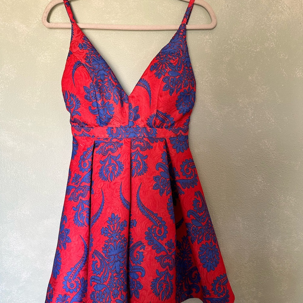 Elegant Red and Blue Floral Dress